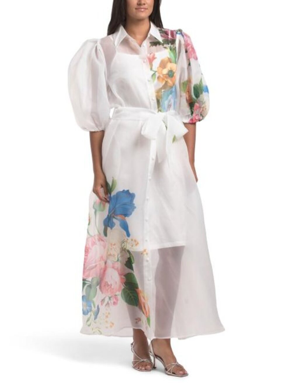 NANCY YANG Puff Sleeve Organza Shirt Dress
